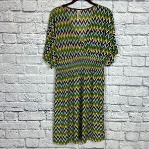 Cristinalove Retro Chevron Pattern V neck Wide Arm Smocked Waist Size XL